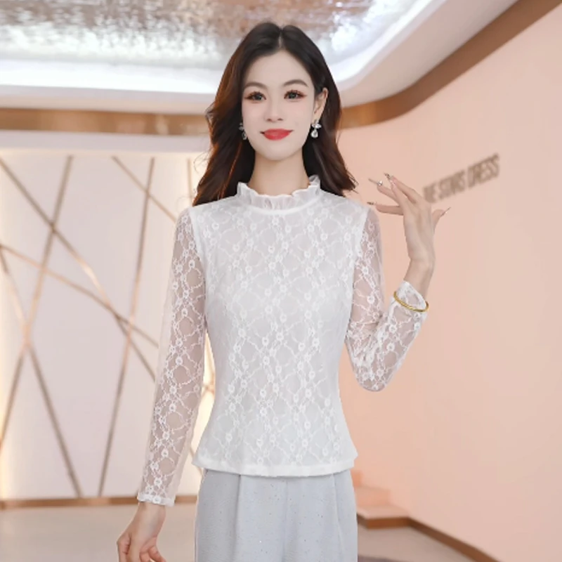 【打底衫】秋款显瘦修身百搭拼接气质蕾丝长袖女上衣
