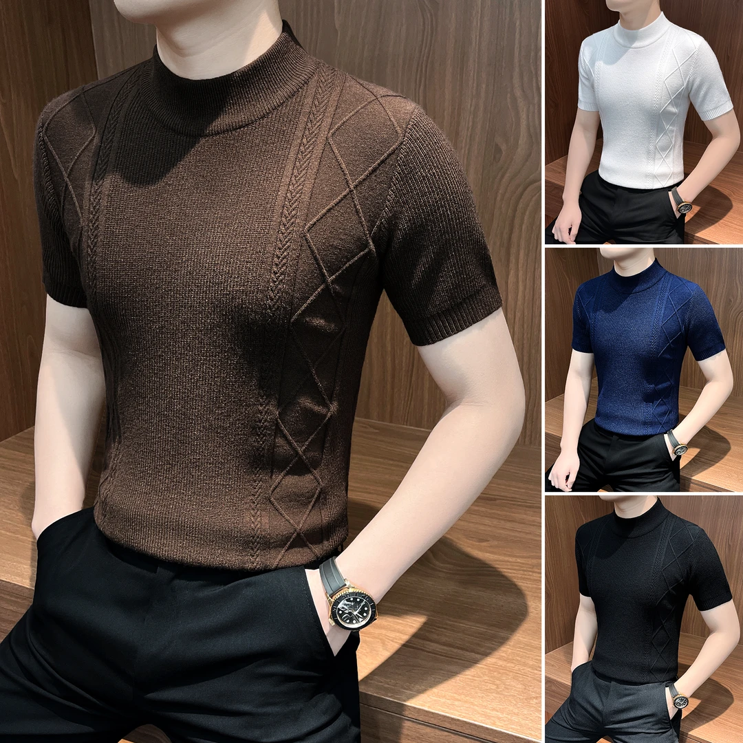 菱形格提花短袖t恤男款高级感男装潮牌夏季针织半高领男士打底衫