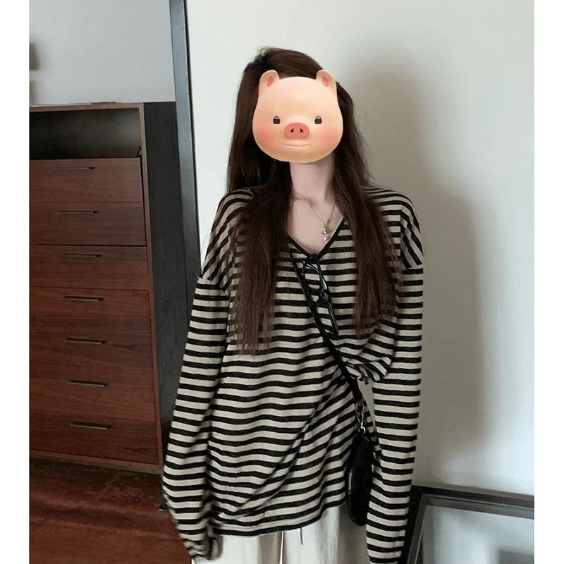 条纹大领口喇叭袖薄款长袖t恤女夏季防晒宽松空调罩衫百搭上衣MM