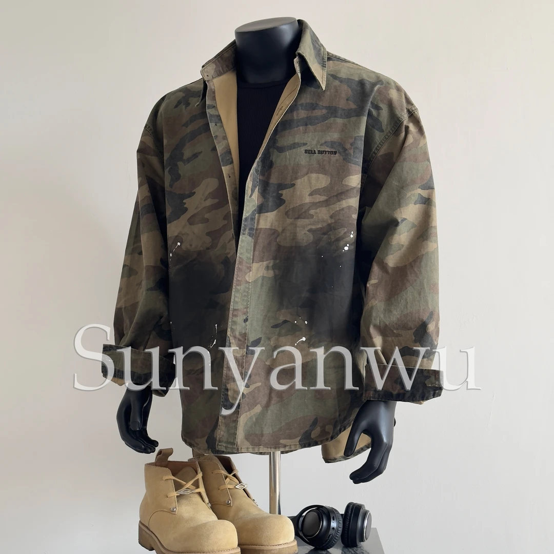 Sunyanwu 秋季新款 泼墨军布迷彩刺绣衬衫廓形硬挺宽松硬汉大码
