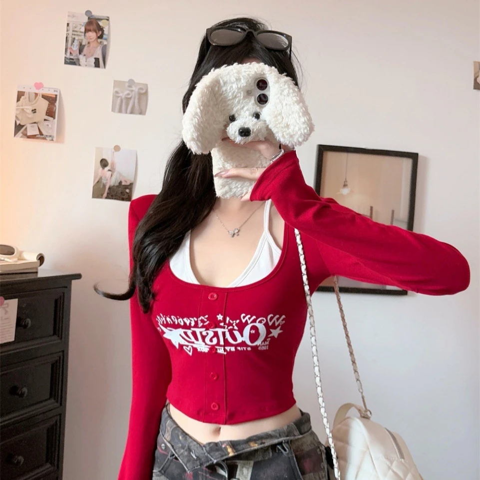 春秋新款纯欲假两件打底衫女字母印花长袖t恤修身百搭带胸垫上衣