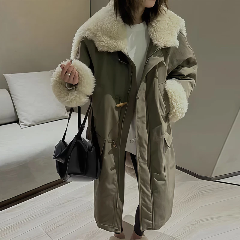 欧货中长款百搭派克棉服外套女2025冬季新仿羊羔毛大翻领棉衣棉袄