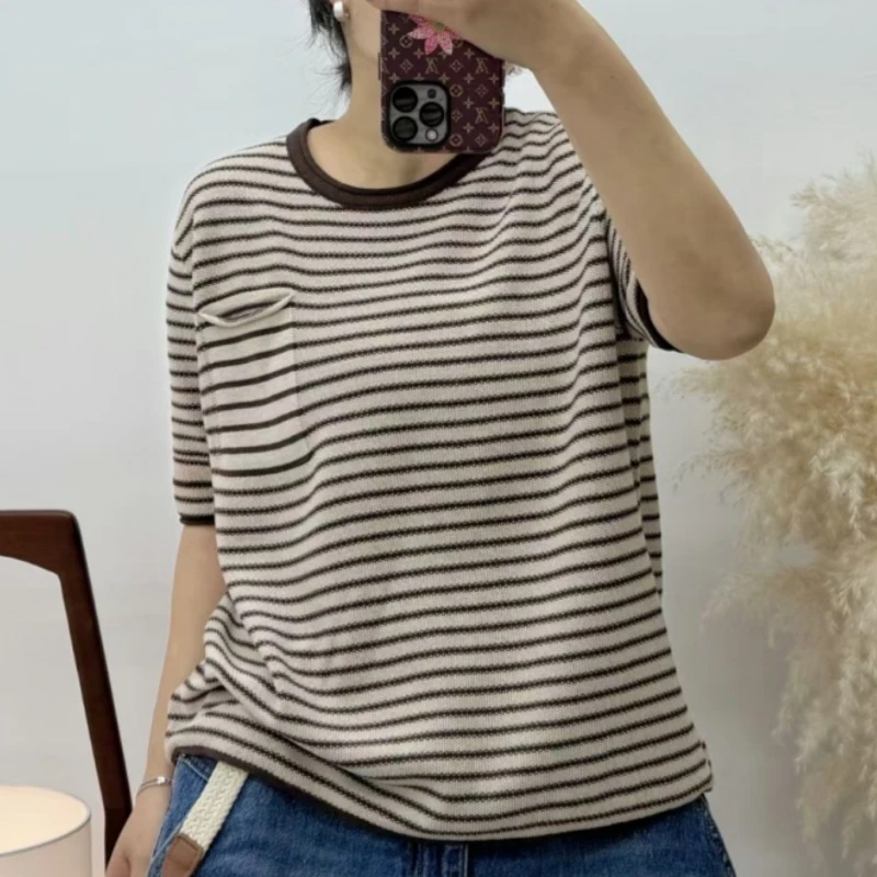 欧货大码女装圆领套头撞色条纹短袖t恤2025新款夏季薄款针织上衣