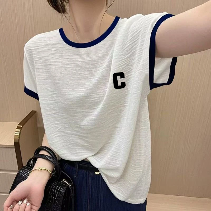 2025夏季竹节纯棉女士t恤短袖正肩新款洋气印花上衣宽松韩版小衫