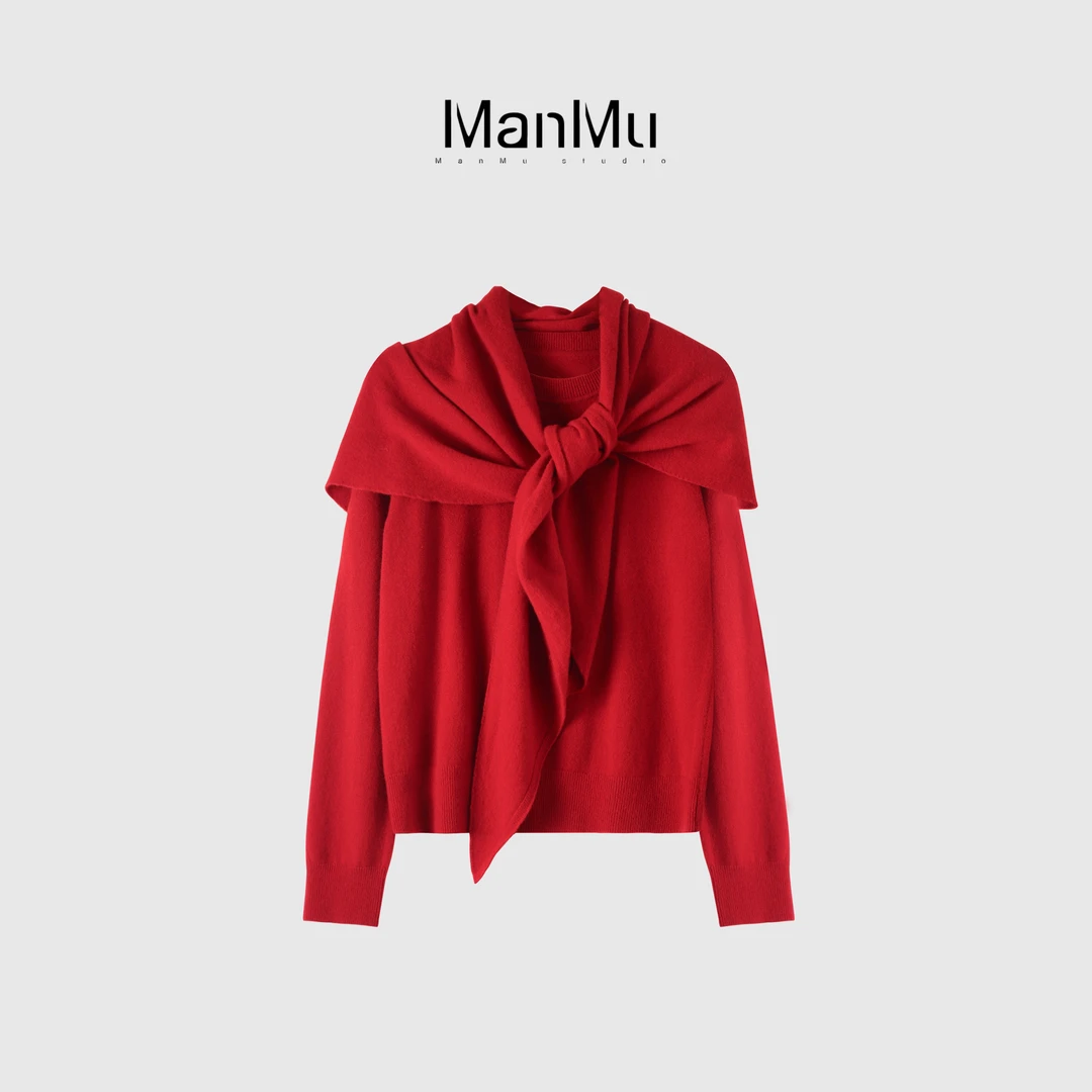 满目ManMu 【张琪专属】纯羊毛秋季时尚百搭红色披肩上衣350277