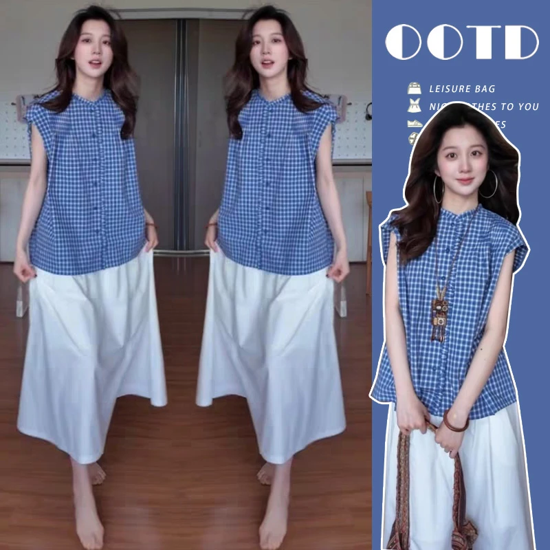 时髦孕妇蓝白格衬衫女通勤文艺休闲时尚百搭上衣加半身裙两件套装