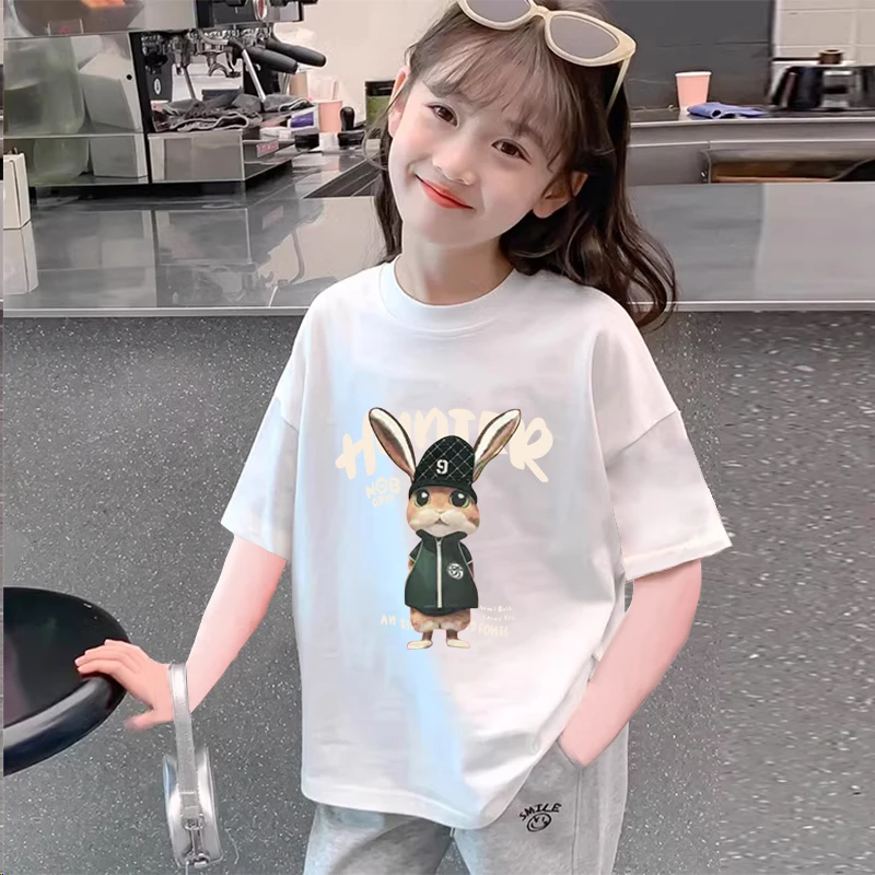 短袖t恤女童白色2025夏季新款半袖中长款纯棉炸街百搭女大童夏装