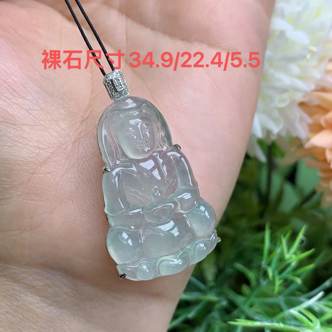 缅甸天然翡翠A货18k一刀高冰起光观音吊坠若尺寸40/22.4/7.4mm