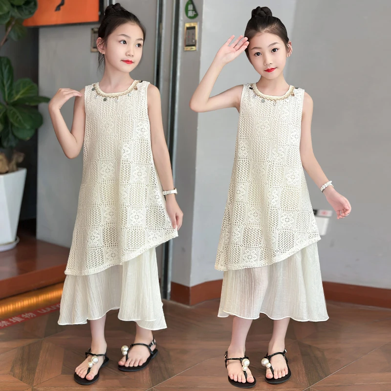 女童夏款拼接连衣裙2025新款中大童时髦洋气波西米亚蕾丝拼接裙子