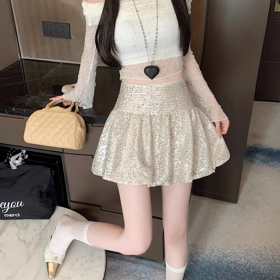网红同款2025春季新款气质名媛亮闪闪亮片重工花苞裙短裙半身裙女