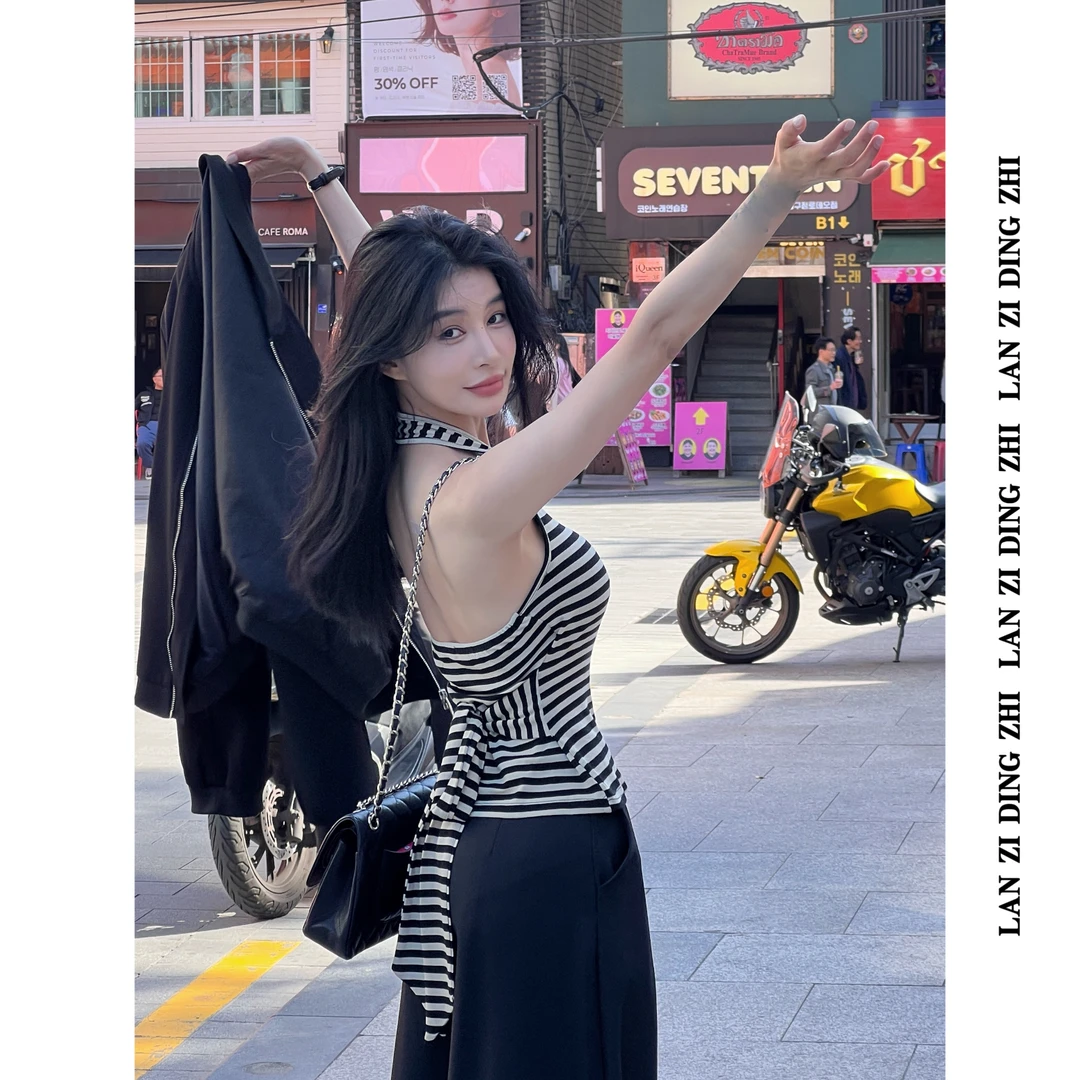 「语烟人间」条纹撞色露背挂脖绑带收腰无袖辣妹性感背心上衣