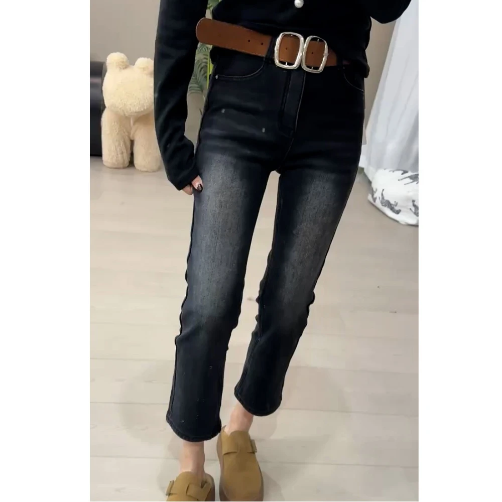 黑灰色高腰弹力直筒牛仔裤女2025年秋冬加绒显瘦小个子九分烟管裤