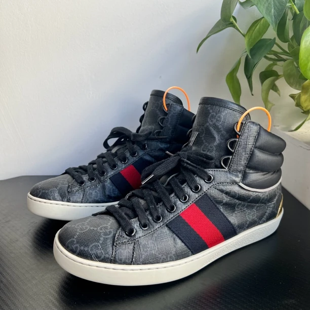 95新 GUCCI/古驰 38.5/42欧码暗纹老花黑色高帮板鞋无配成色自定