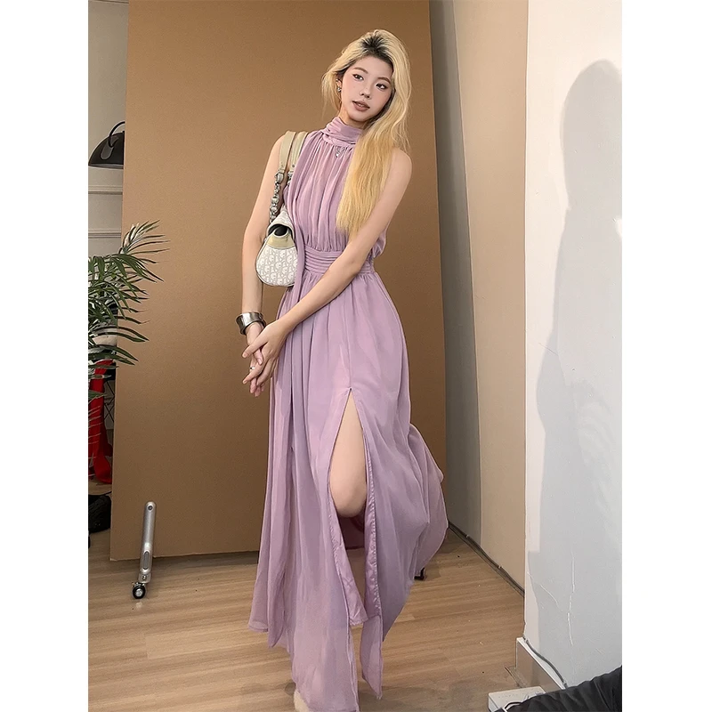 御姐风气质休闲背心连衣裙仙女夏季新款时尚无袖裙子收腰开叉长裙