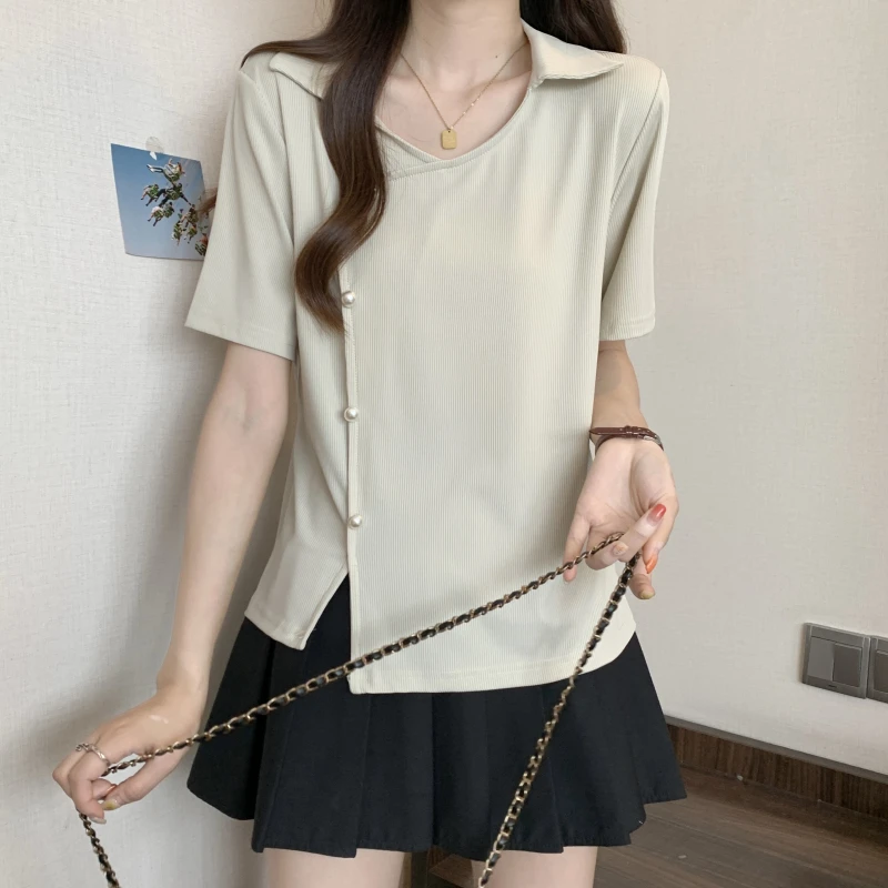 3791大码女装胖妹妹设计感polo领收腰显瘦遮肚减龄上衣5085