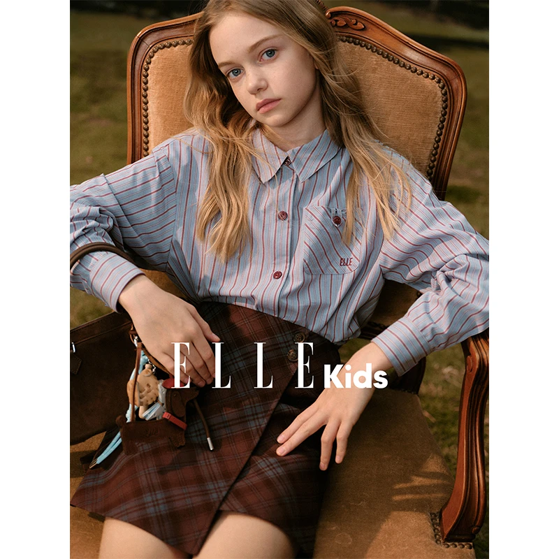 ELLE KIDS童装 法式经典撞色竖条纹刺绣长袖百搭衬衫时尚设计感Q3