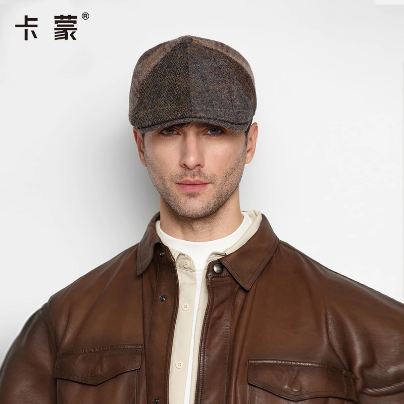 卡蒙 拼接短檐鸭舌帽男秋冬百搭保暖毛呢前进帽 男款