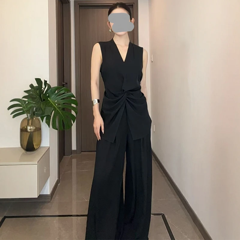 无袖衬衫套装女夏设计感扭结气质高级感上衣阔腿裤休闲时尚两件套