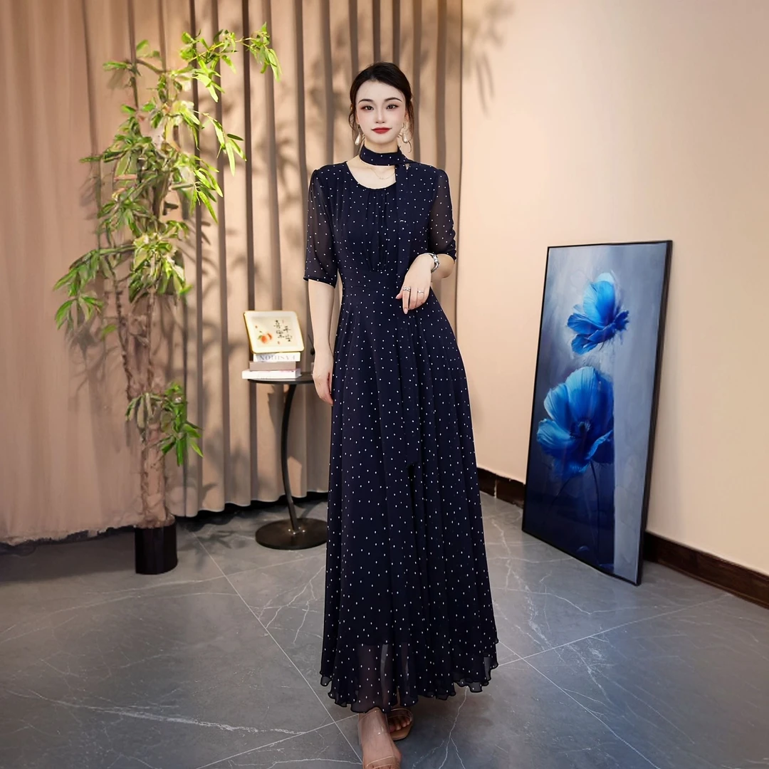 2025春夏新款藏蓝色波点连衣裙中袖大摆裙长裙X691-20B