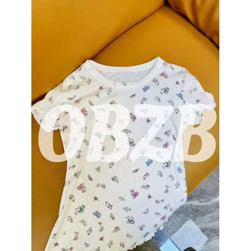 OBZB【X女款短袖】碎花印花长设计感圆领百搭针织内搭T恤 7006