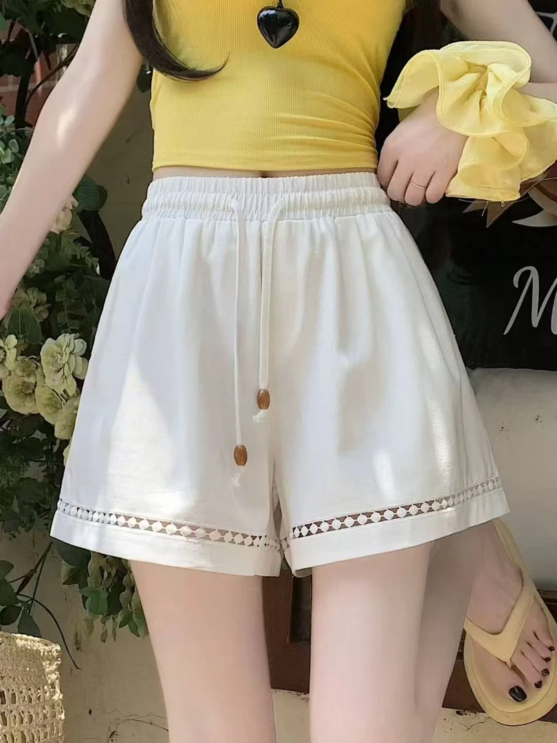 新款韩版甜美高级感镂空松紧腰a字阔腿短裤女夏季外穿