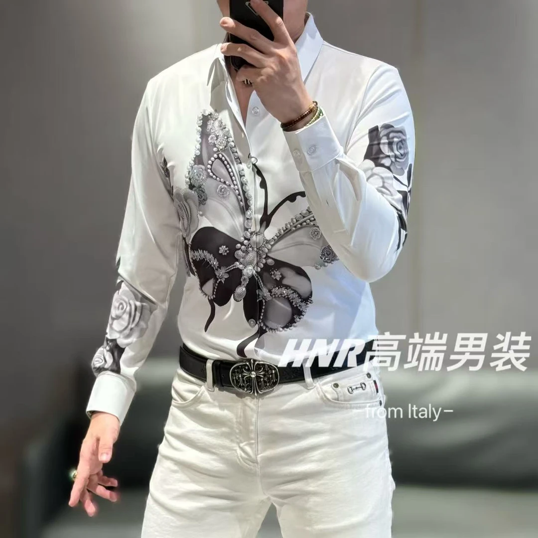 大蝴蝶奥钻点缀高弹力莱卡面料高端男士长袖衬衫3178