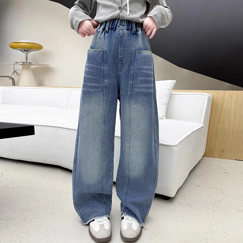 女童牛仔裤春装2025新款中大童洋气长裤儿童春季裤子弯刀裤阔腿裤