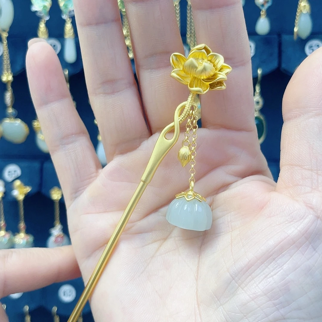 和田玉银S925镀金镶嵌发饰