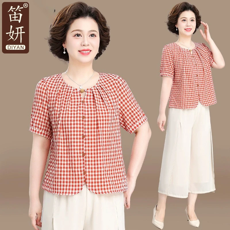 妈妈夏装套装休闲小衫2025新款中老年女装夏季短袖上衣两件套