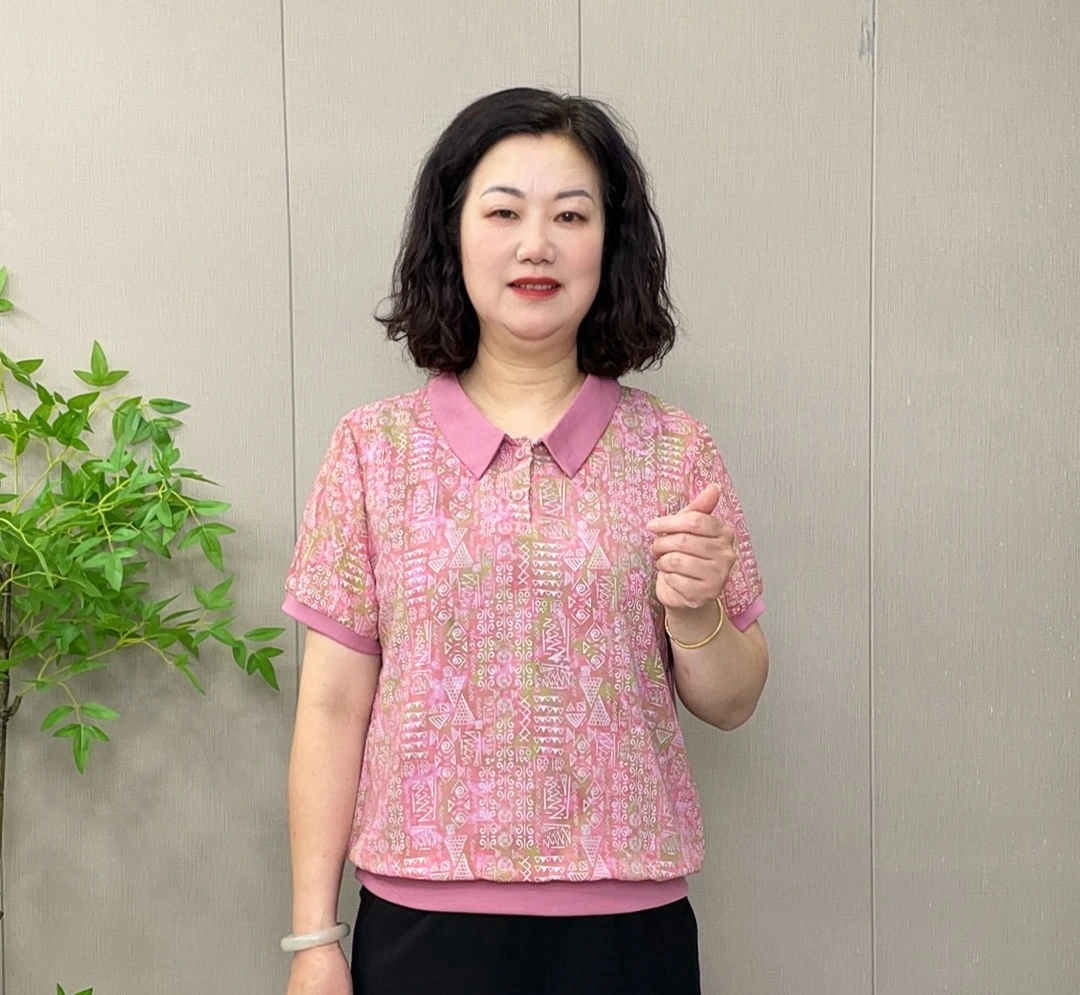 2025夏季新款中老年洋气减龄时尚休闲显瘦遮肚花色翻领短袖妈妈装