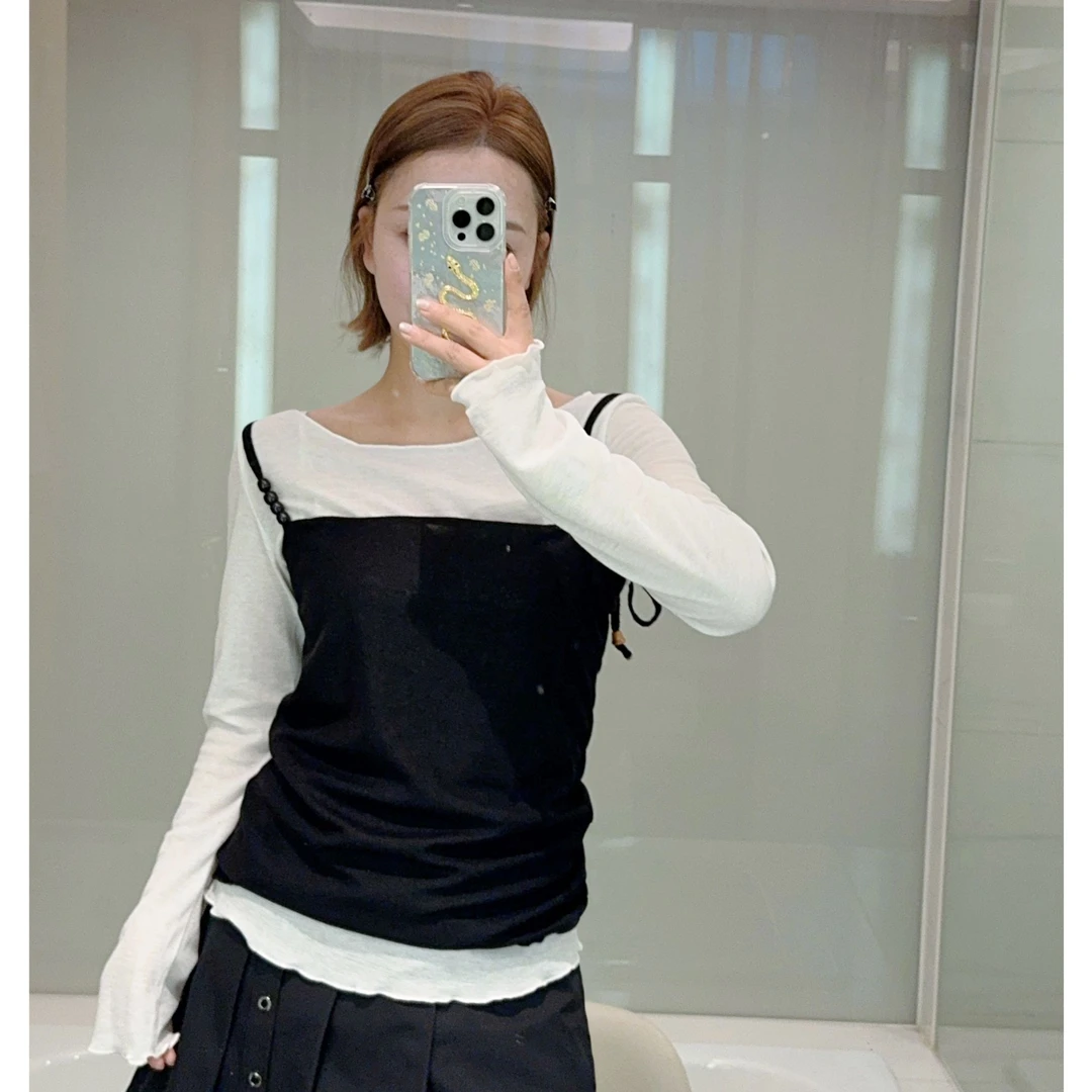 zhaoxiaopao/赵小泡春季百搭波边长袖打底两件套