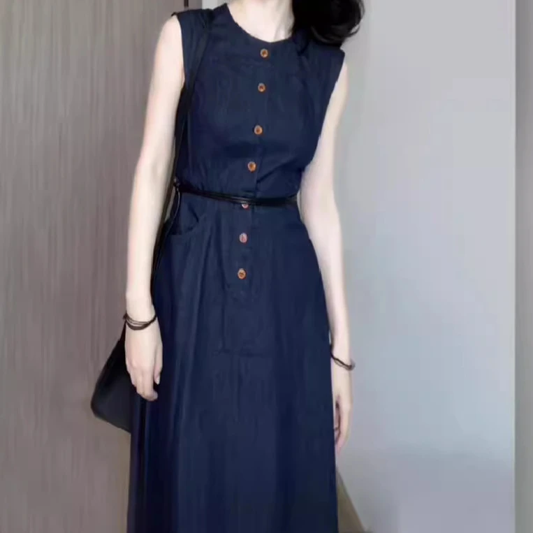 法式复古蓝色牛仔无袖连衣裙通勤显瘦字背心裙高端精致气质长裙