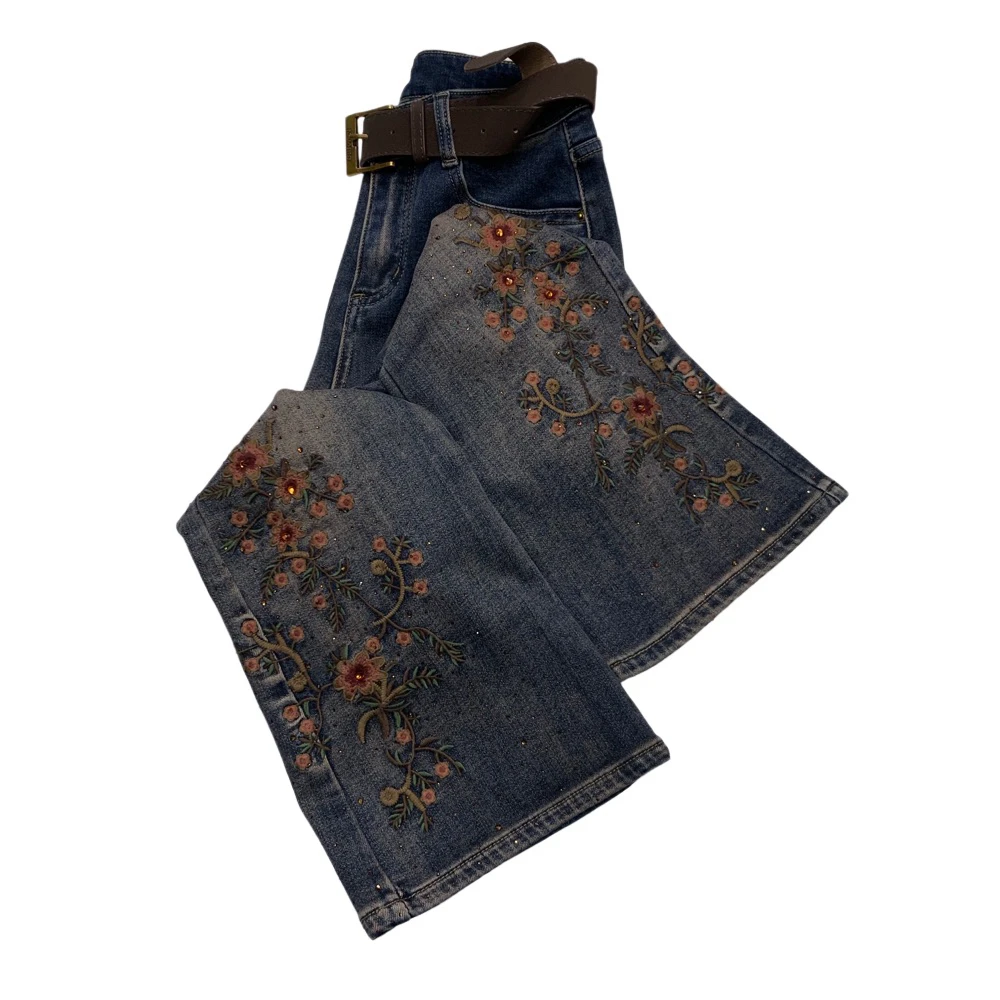 W5580秋冬新款内里拉毛重工洋气复古刺绣喇叭牛仔裤（不带腰带）