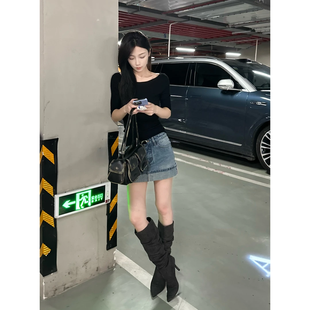 FORNI 焦点牛仔 韩系做旧水洗翻边A字牛仔半裙