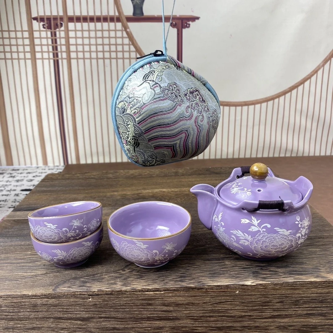 汝窑牡丹紫汝茶壶旅行茶具一壶三杯高颜值陶瓷客杯便携便携式旅行