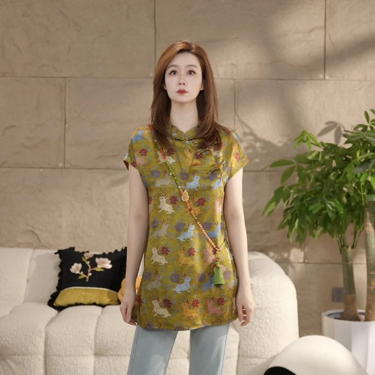 Miss.Z【珐琅彩兔】夏季人丝提花新中式斜襟衬衣#c6098