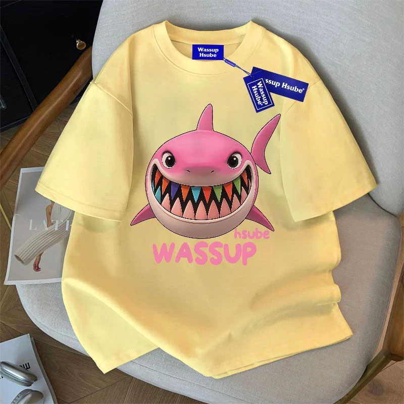 WASSUP HSUBE夏季街头趣味大鲨鱼印花重磅短袖T恤休闲百搭上衣男