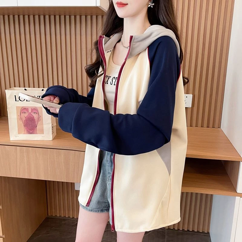 秋冬插肩袖拉链连帽开衫春秋上衣小众拼接嘻哈风冬季秋冬外套卫衣