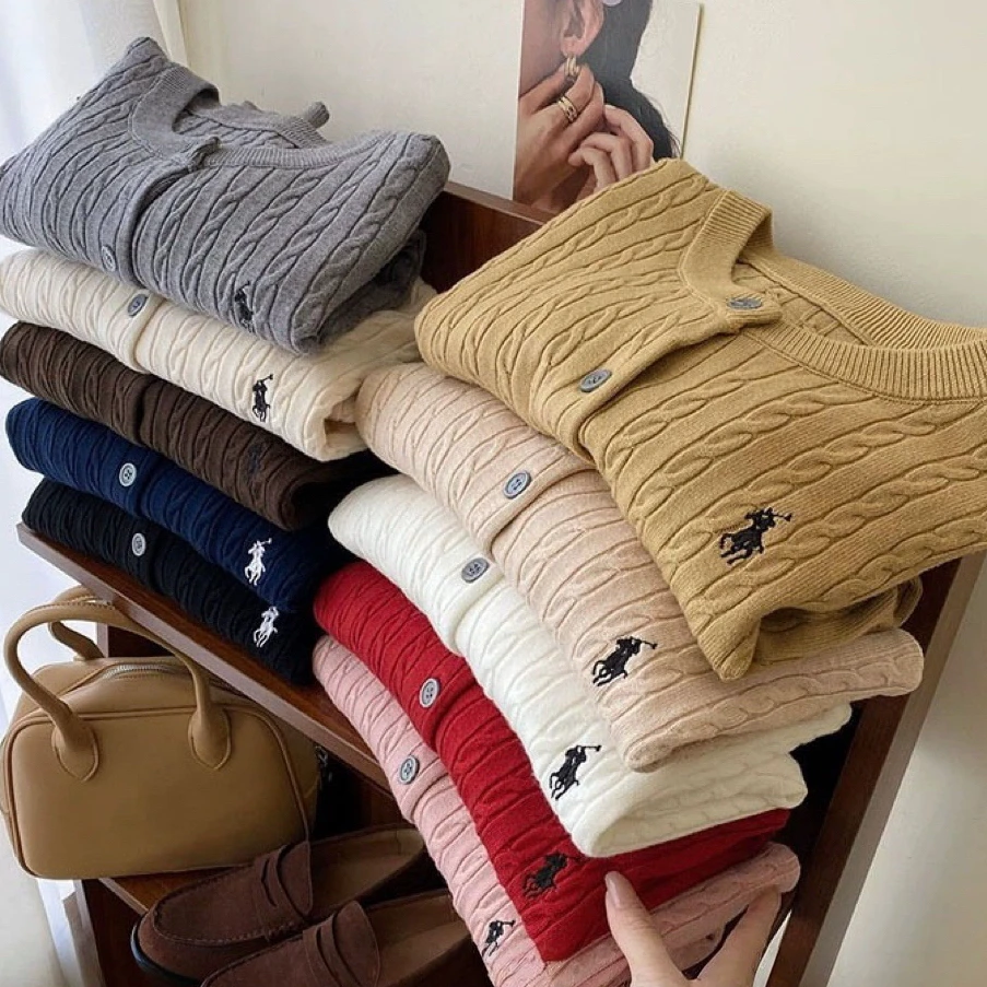 小马刺绣麻花针织开衫女秋冬早春复古圆领红色白色毛衣外套5784