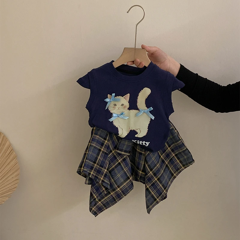 R25249女童夏季新小猫印花卡通短袖上衣不规则蝴蝶结半身裙两件套