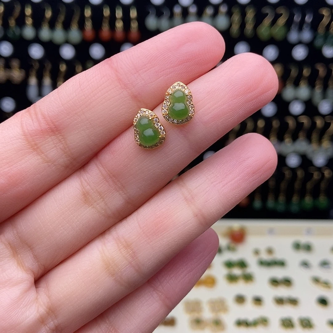 和田玉银S925镀金镶嵌耳饰