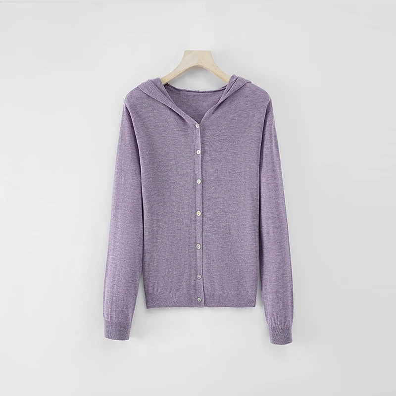 常规女连帽毛针织衫软糯短款开衫时尚休闲长袖紫色秋冬YY-07