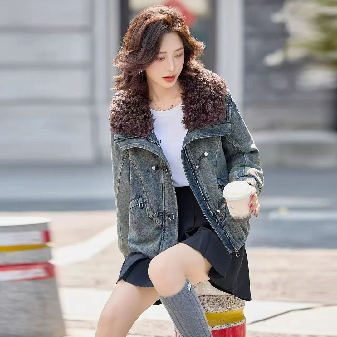 【88M16】倩#时尚百搭褶皱牛仔保暖外套