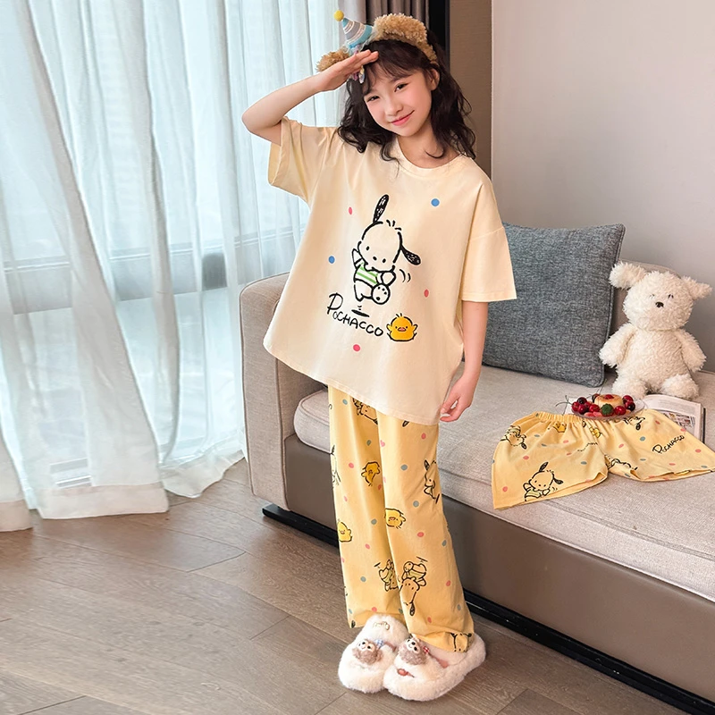 女童夏季短袖长裤家居服两件套卡通可爱空调服两件套睡衣柔软舒适