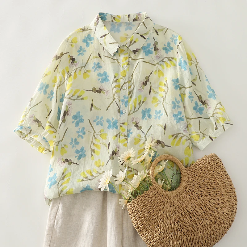 淡彩印花半袖百搭小衫 中国风碎花衬衫法式文艺薄款度假女上衣夏