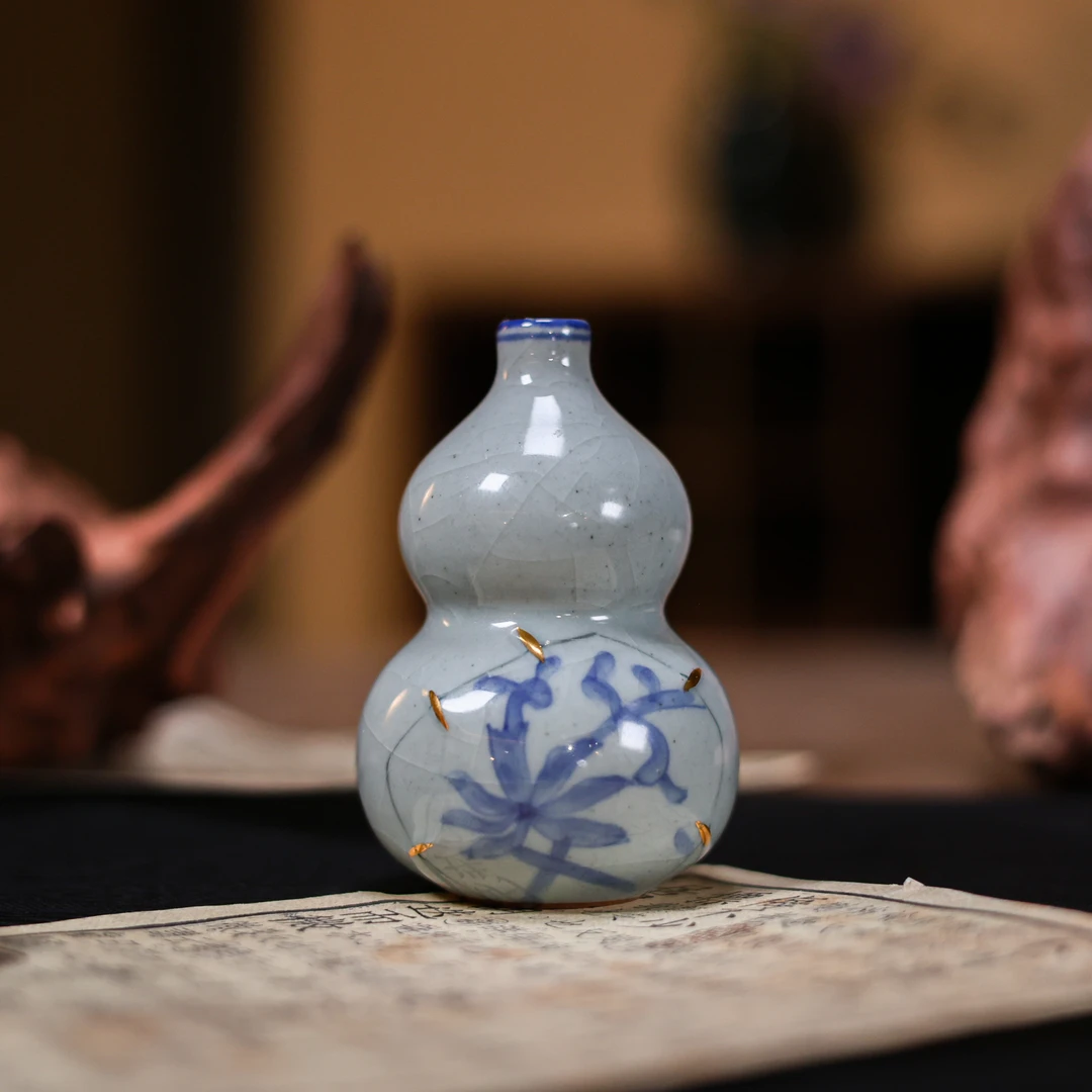 阿茶 蓝色线条锯钉葫芦小酒盅茶道配件（Q9897）