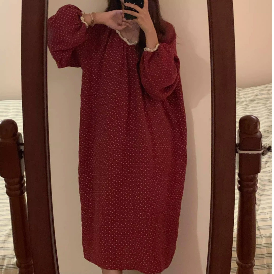 【星】少女甜美波点长袖睡衣女款春秋家居服睡裙红色连衣裙子4094