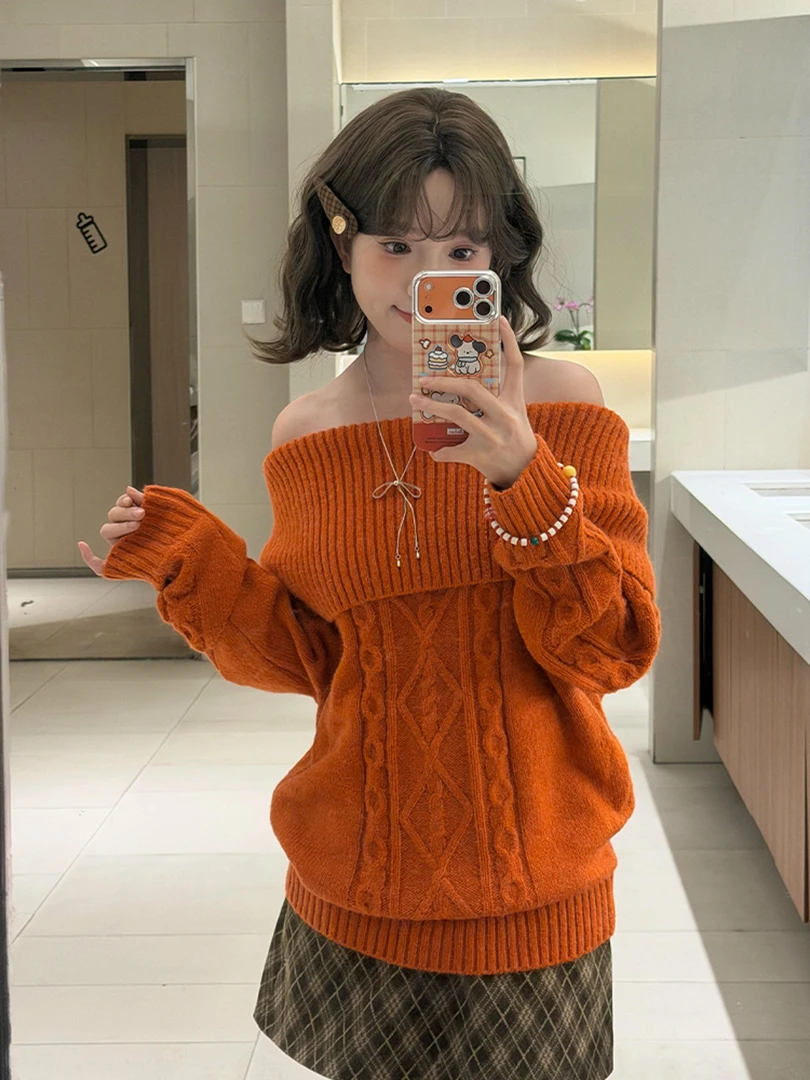 2025初冬新款针织衫奶fufu软糯慵懒风韩系高级感一字肩橘色毛衣女