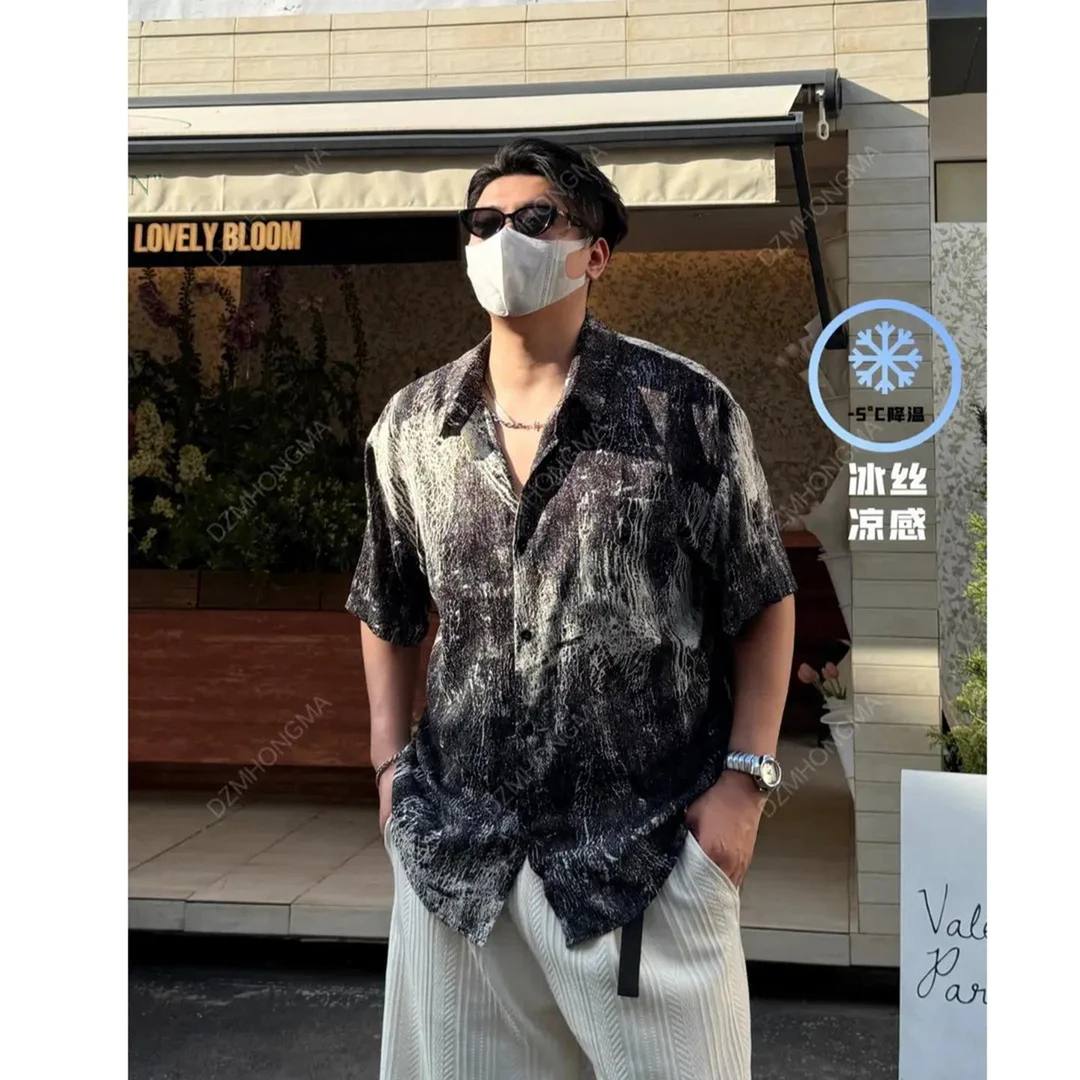 夏天男式短袖衬衫冰丝薄款度假古巴领花衬衣慵懒松弛感老钱风外套