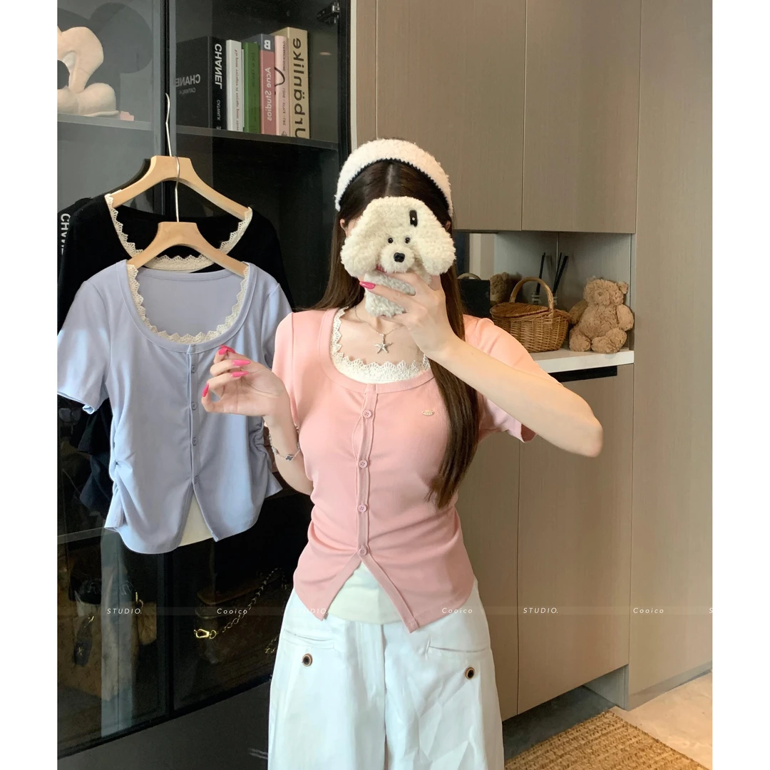 【佳佳】大码胖mm纯欲甜辣假两件蕾丝花边收腰显瘦弧形短袖T恤上衣